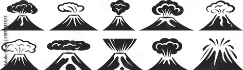 Collection of volcanic eruption and explosion icons, silhouette volcanic symbols with smoke and lava, mountain eruption symbols for natural disaster, eruption and volcano silhouette illustrations