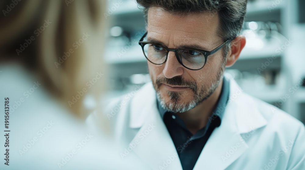 Fototapeta premium A serious male doctor wearing glasses, attentively consulting with a patient in a medical office, highlighting professionalism and care in healthcare.