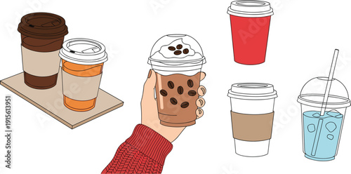 Coffee and cold drink cup set with takeaway cups, iced coffee, hand holding beverage
