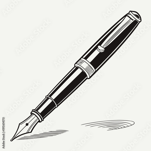 Vintage Fountain Pen Drawing a Line, Elegant Monochrome Illustration of Classic Writing Instrument in Action for Creative and Business Use