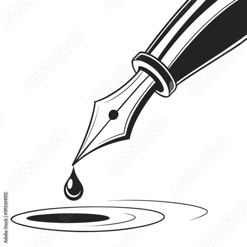 Elegant Fountain Pen Nib with Dripping Ink and Puddle in Classic Black and White Line Art Style, Ideal for Writing Concepts.