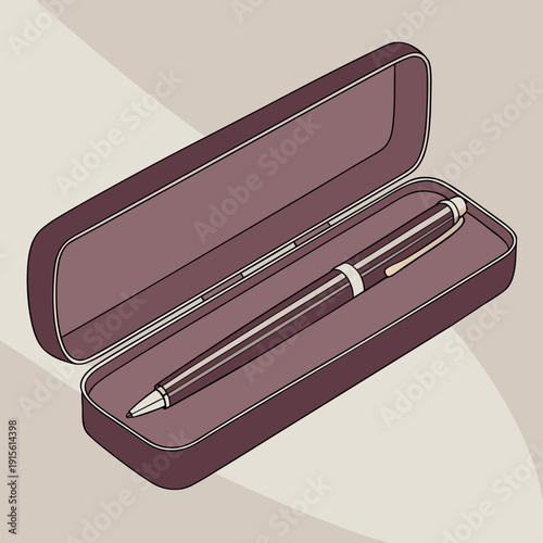 Isometric Illustration of a Chic Ballpoint Pen in an Open Modern Case, Great for Luxury Stationery and Corporate Branding Concepts