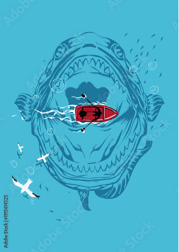 Giant shark mouth with a small red boat and rowers illustration