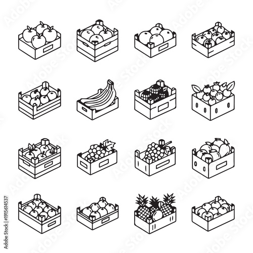 Various Fruits in Crates Line Art Icons Set