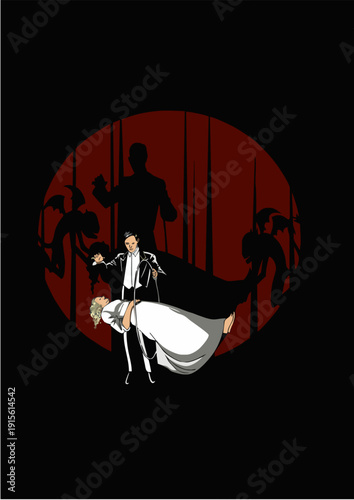 Dark gothic illustration of a magician performing levitation trick with a bride