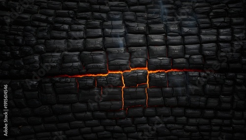 Geometric Charred Wood Cracks with Glowing Fire Lines, Symmetrical Burnt Timber Texture, Top View of Carbonized Charcoal Block with Red Embers