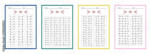 Math worksheet for kids, solve an example equation and put a sign greater than, less than or equal to, four difficulty options. set