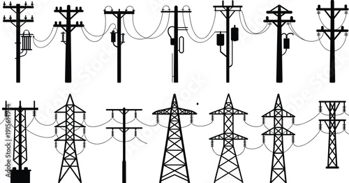 Different types of electric power poles and transmission towers, high voltage electricity infrastructure, utility poles with cables, energy distribution system icons collection.