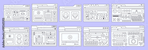 Cool UI Elements Cute Set. Browser Window Groovy Collection. Vaporwave Computer Web User Interface. Y2k Website.