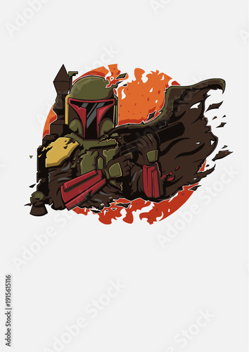 Dynamic Illustration of a Sci-Fi Bounty Hunter Warrior in Full Armor with Sparks