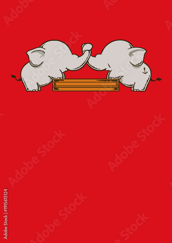 Humorous Illustration of Two Elephants Arm Wrestling on a Wooden Board Concept