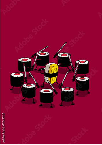 Humorous Illustration of Sushi Maki Warriors Surrounding a Nigiri Samurai