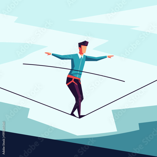 Man Balancing on Tightrope Illustration.
