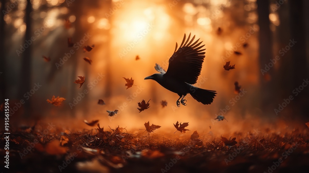Fototapeta premium A majestic bird takes flight amid a shower of autumn leaves during sunset, symbolizing liberation and the beauty of nature as the seasons change.