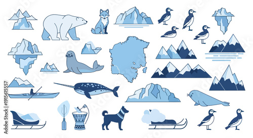 Arctic Animals, Icebergs, Mountains & Sleds - Cute Cartoon Collection