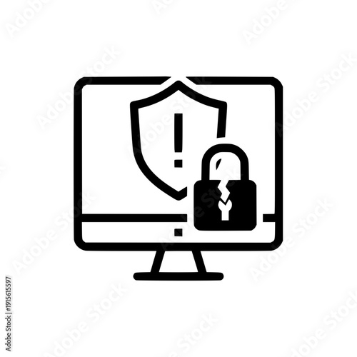 Security breach icon with broken padlock and alert shield on computer monitor representing system vulnerability