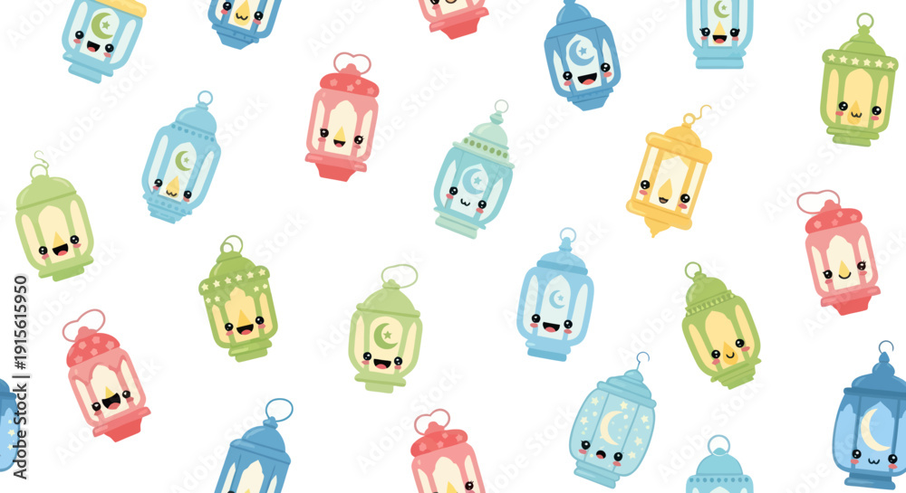 Obraz premium Cute Ramadan Lanterns Kawaii Pattern