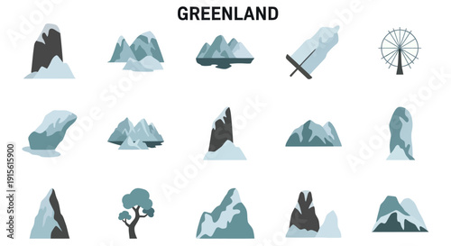 Greenland Iceberg and Mountain Icons Set