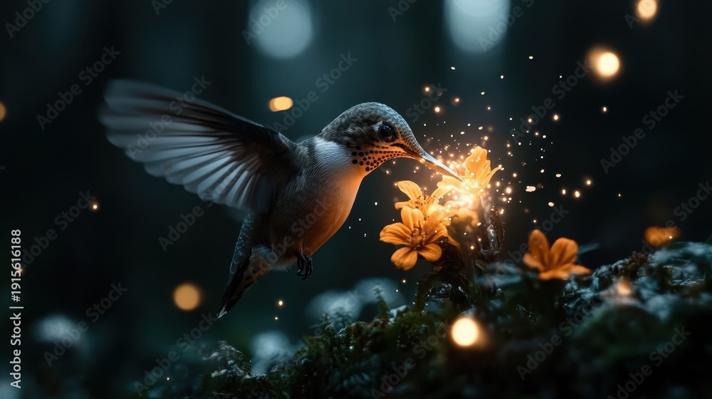 Fototapeta premium A stunning hummingbird hovers gracefully near vibrant flowers, its wings a blur, creating a magical scene filled with sparkling light and nature's breathtaking beauty.