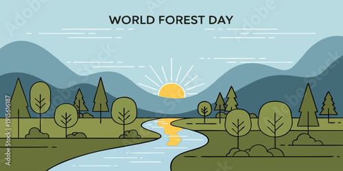 World Forest Day vector banner with river flowing through green mountains and forest. Perfect for environmental awareness, conservation campaign, and eco celebration design.