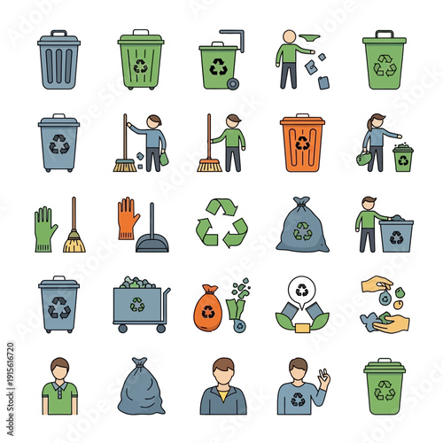Waste Management Icon Set – Recycling Cleanup Flat Color Illustrations