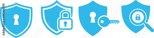 Four blue shield icons with security symbols isolated on transparent background