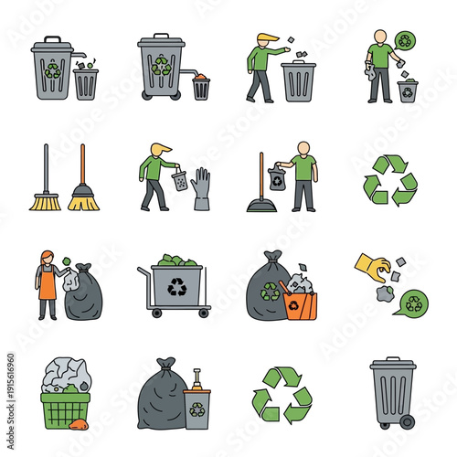Waste Management Icon Set – Recycling Cleanup Flat Color Illustrations