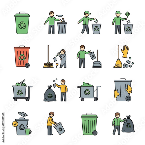 Waste Management Icon Set – Recycling Cleanup Flat Color Illustrations