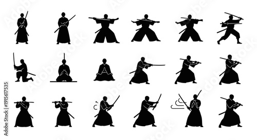 Minimalist black silhouette icon collection featuring twelve distinct human poses inspired by katana movement and discipline. The icons focus on body posture, flow, and concentration, avoiding common 