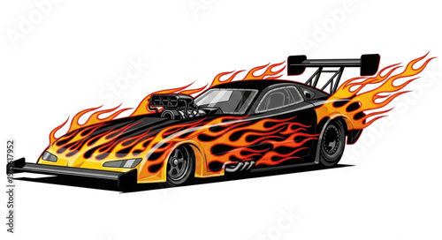 Flame Decorated Drag Racing Car.