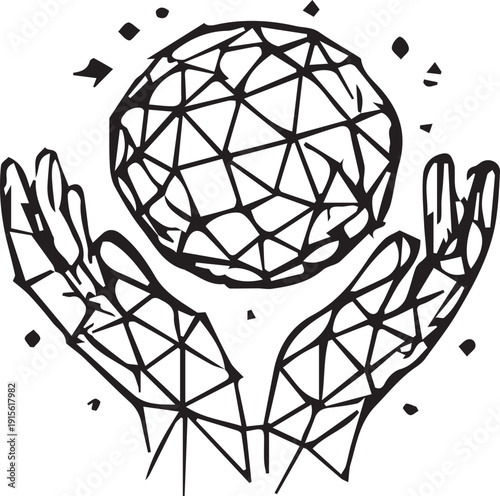 Geometric Hands Holding Faceted Sphere Icon Illustration