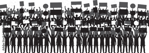 Crowd Silhouette Vector Illustration – Black and White Group of People with Raised Arms, Banners and Flags at Protest, Rally, Demonstration, Activism, Celebration or Social Event