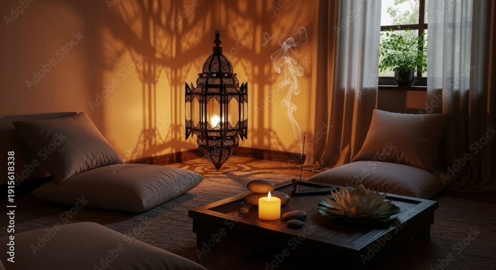 Fototapeta premium Tranquil indoor zen corner features glowing lantern cushions and peaceful meditation objects