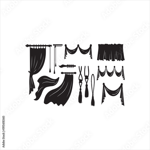  Black silhouette curtain icons set isolated on transparent background textile window coverings collection
