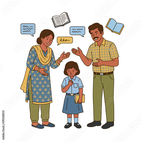 Strict Indian parents scolding sad school girl in uniform about academic studies