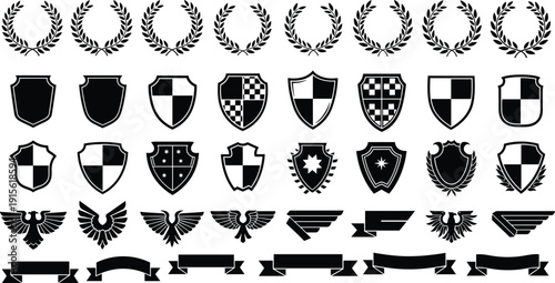 Black Heraldic Shield Collection, Imperial Eagle Silhouettes, Laurel Wreaths and Ribbon Banner Templates, Vintage Emblem Design Elements for Professional Branding.