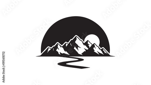 Minimalist Silhouette Person Climbing Mountain Peak Under Crescent Moon Vector Illustration