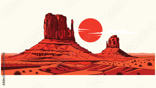 Vibrant Flat Design Desert Landscape with Red Rock Formations and Rising Sun Vector Illustration