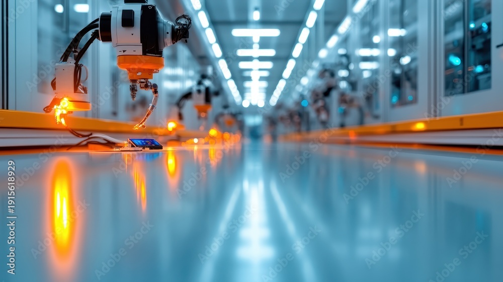Fototapeta premium An advanced industrial setting showcases robotic arms working meticulously on a production line, symbolizing technology, innovation, and the future of manufacturing.