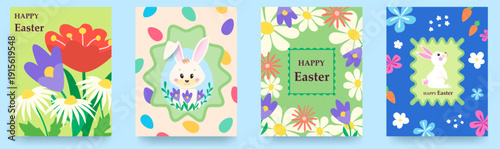 A set of Easter cards, website banners, posters, flyers, and covers. A trendy, modern design featuring cute bunnies, hand-drawn flowers, and Easter eggs. Bright colors Vector illustration.