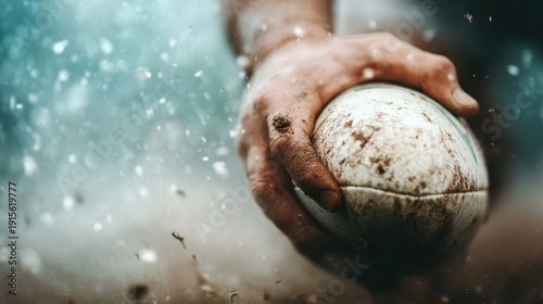 A close-up of a muddy hand gripping a rugby ball, capturing the intense energy and passion of sport as well as the struggle and grit involved in athletic competition.