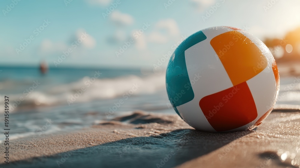 Obraz premium A brightly colored beach ball resting on sandy shores captures the joyful essence of summer fun and playfulness. The ocean waves glimmer in the background, summoning memories.