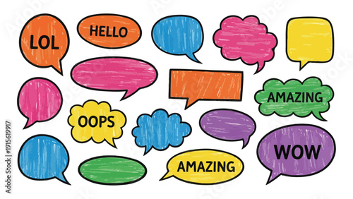 Colorful Hand-Drawn Speech Bubble Set with Fun Expressions and Greetings for Chat UI and Social Media Designs