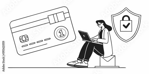 Person sitting with a laptop near a giant credit card and a security shield icon indicating data protection.