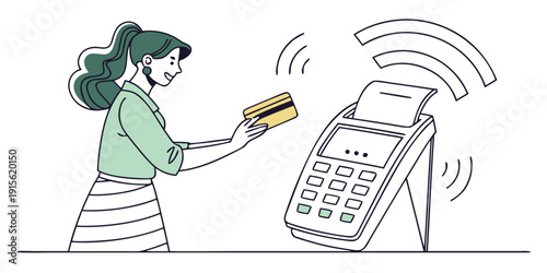 Smiling woman holds a gold credit card near a wireless point-of-sale terminal emitting radio waves for contactless payment.