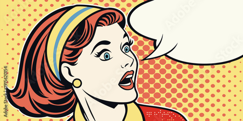 Startled woman with bright red hair and blue eyes looks surprised while a blank speech bubble hovers nearby in a retro comic style.