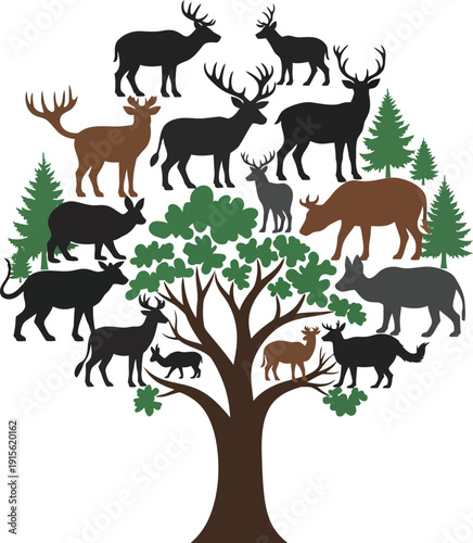Diverse collection of deer and elk silhouettes populating a stylized tree with lush green foliage and evergreen trees symbolizing nature's family and wildlife diversity