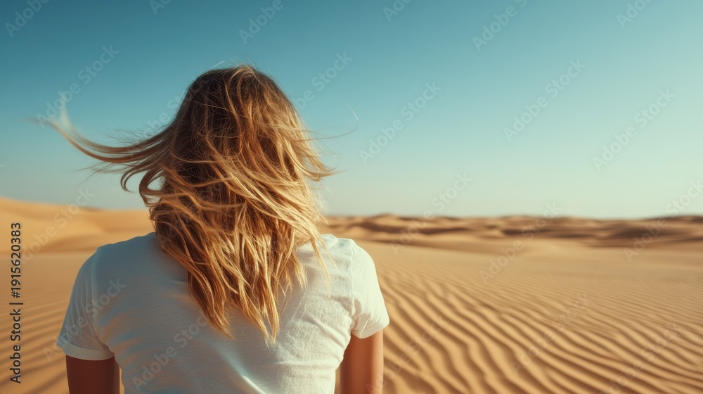 Fototapeta premium A serene scene depicting a woman with flowing hair standing in a vast desert landscape during golden hour, capturing feelings of solitude and freedom in nature's beauty.