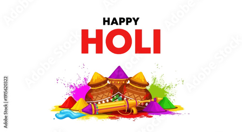 Vibrant Holi celebration with colorful powders and traditional drums in joyful festive atmosphere