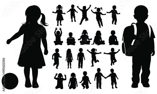 Children Silhouettes Collection: Playing, Learning, and Backpacks eps 10
